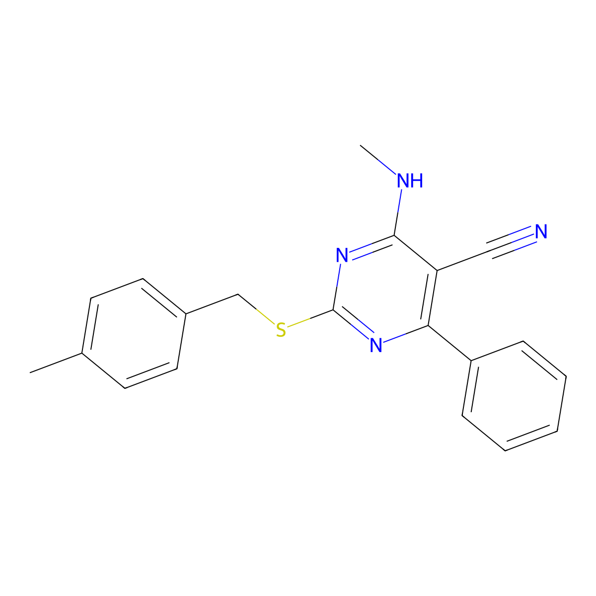 4-(Methylamino)-2-[(4-methylbenzyl)sulfanyl]-6-phenyl-5-pyrimidinecarbonitrile molecular structure, CAS 320422-38-6