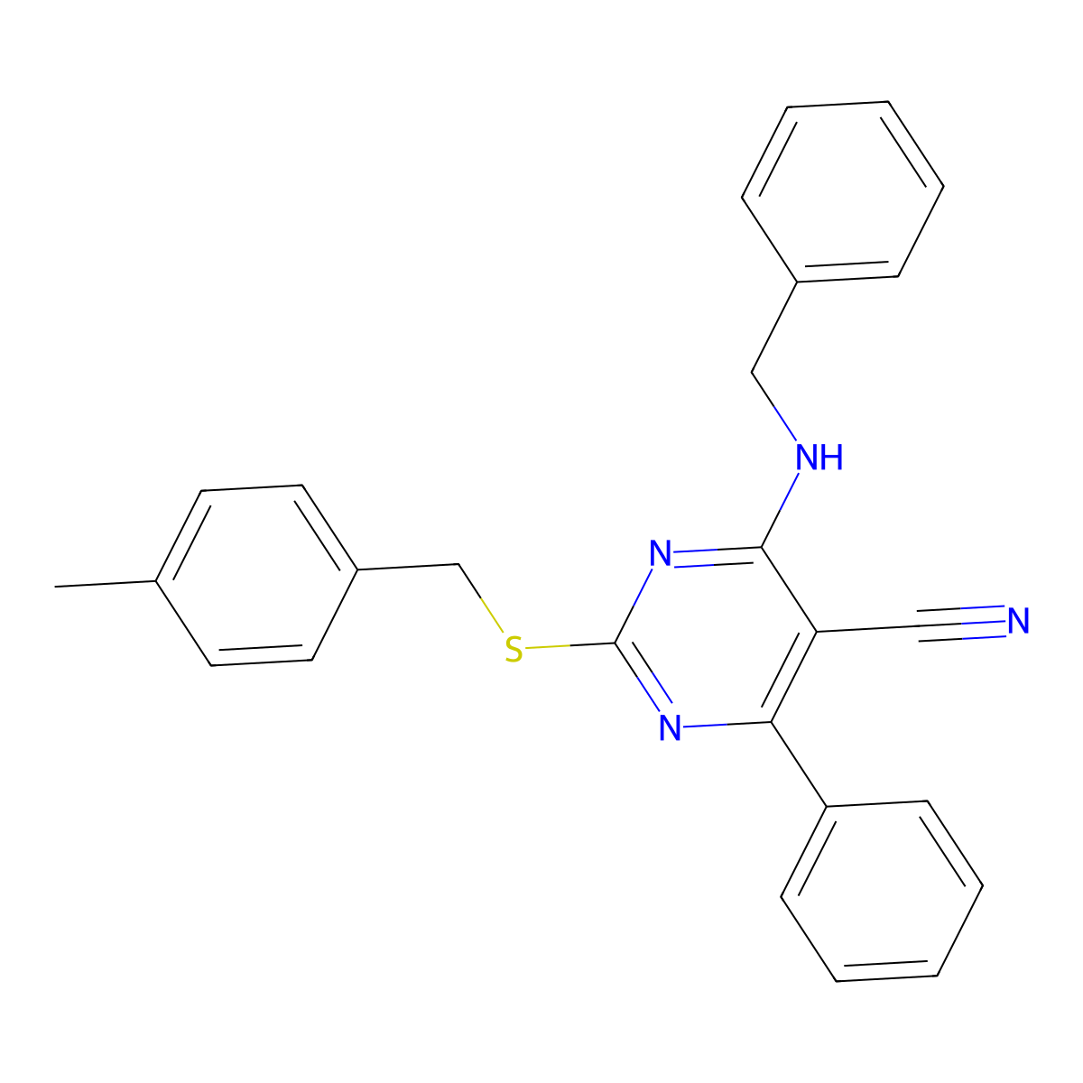 4-(Benzylamino)-2-[(4-methylbenzyl)sulfanyl]-6-phenyl-5-pyrimidinecarbonitrile molecular structure, CAS 320422-39-7