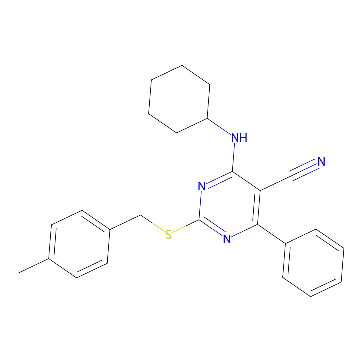4-(Cyclohexylamino)-2-[(4-methylbenzyl)sulfanyl]-6-phenyl-5-pyrimidinecarbonitrile molecular structure, CAS 320422-41-1