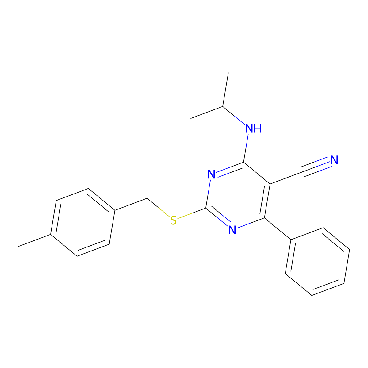 4-(Isopropylamino)-2-[(4-methylbenzyl)sulfanyl]-6-phenyl-5-pyrimidinecarbonitrile molecular structure, CAS 320422-42-2