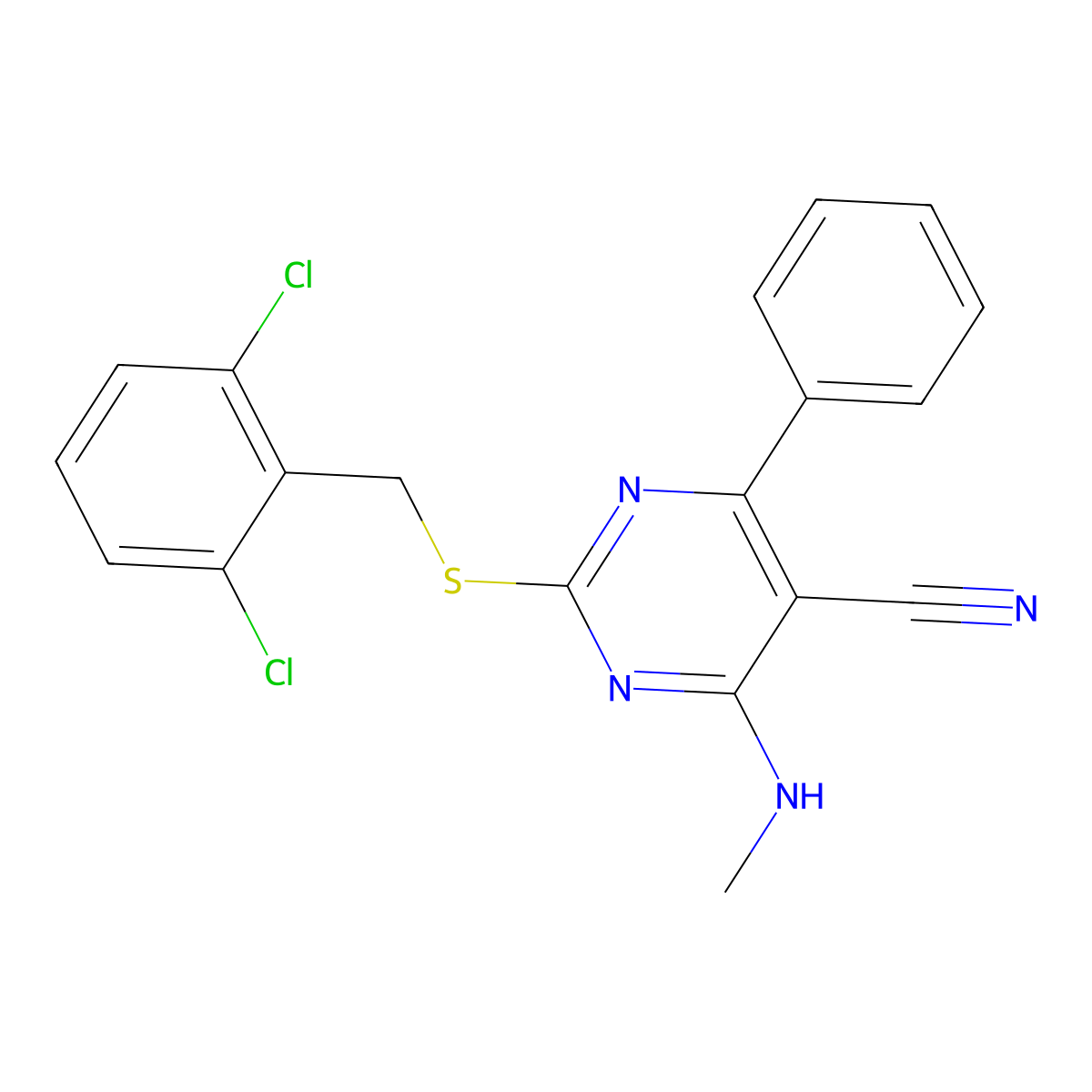 2-[(2,6-Dichlorobenzyl)sulfanyl]-4-(methylamino)-6-phenyl-5-pyrimidinecarbonitrile molecular structure, CAS 320422-46-6