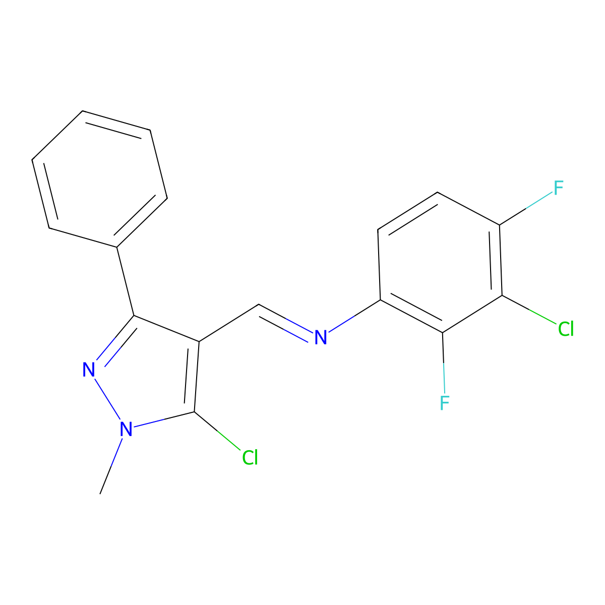 3-chloro-N-[(5-chloro-1-methyl-3-phenyl-1H-pyrazol-4-yl)methylene]-2,4-difluoroaniline molecular structure, CAS 320422-66-0