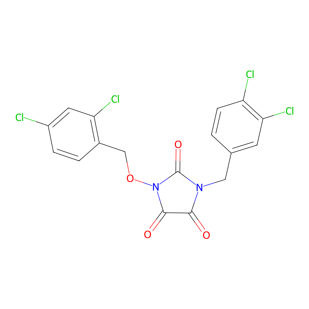 1-[(2,4-Dichlorophenyl)methoxy]-3-[(3,4-dichlorophenyl)methyl]imidazolidine-2,4,5-trione molecular structure, CAS 320422-88-6