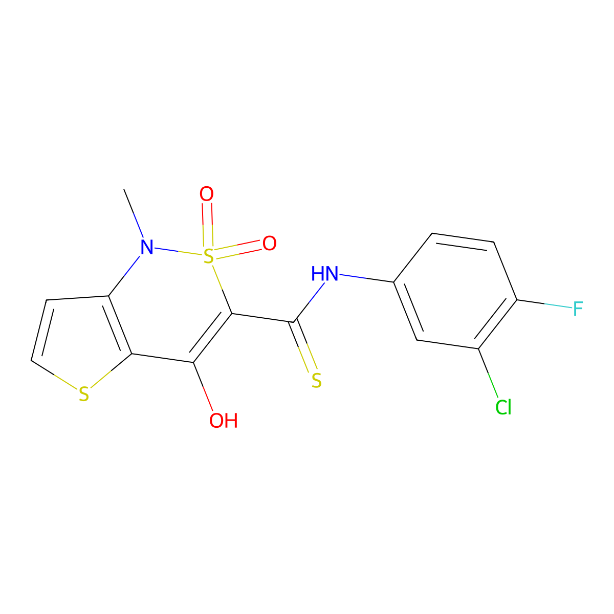 N-(3-chloro-4-fluorophenyl)-4-hydroxy-1-methyl-2,2-dioxo-1,2-dihydro-2lambda~6~-thieno[3,2-c][1,2]thiazine-3-carbothioamide molecular structure, CAS 320423-78-7