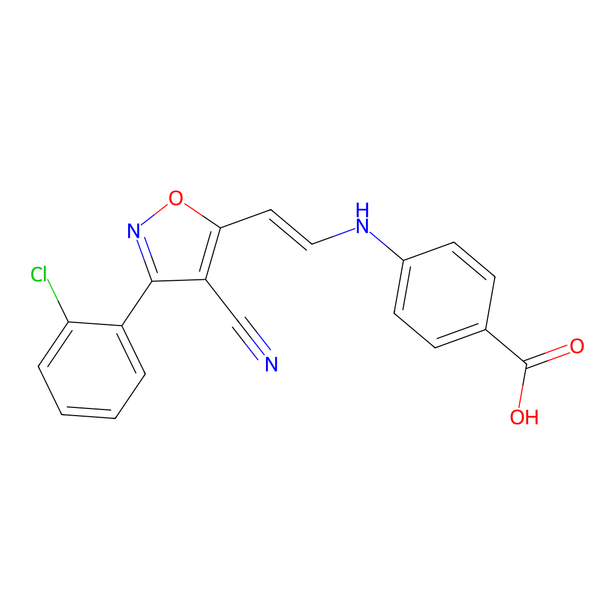 4-({2-[3-(2-Chlorophenyl)-4-cyano-5-isoxazolyl]vinyl}amino)benzenecarboxylic acid molecular structure, CAS 320424-92-8