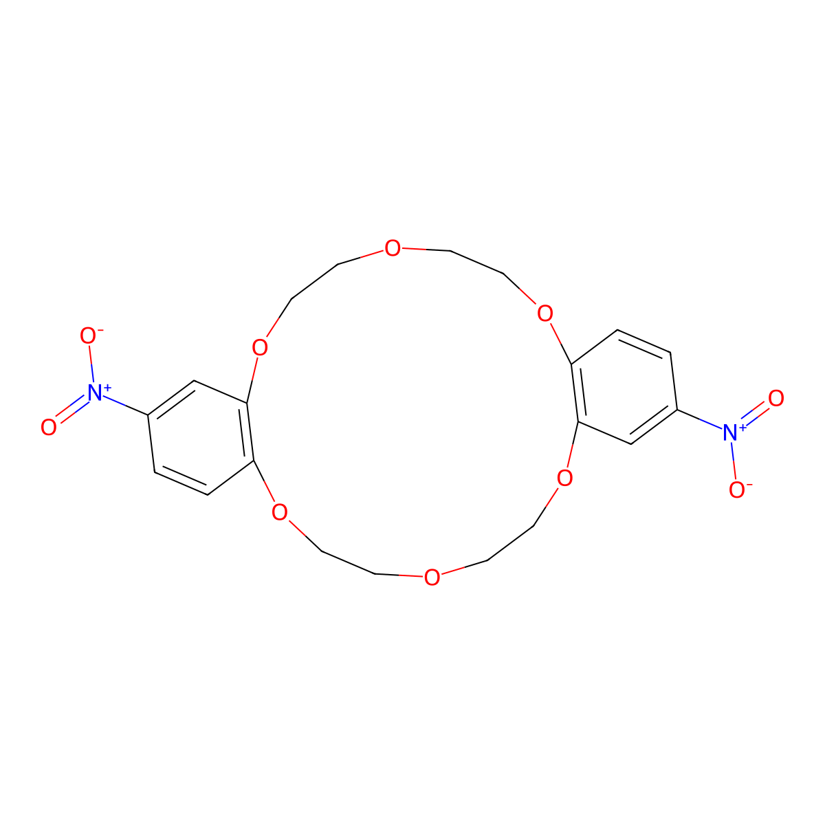 Dibenzo[b,k][1,4,7,10,13,16]hexaoxacyclooctadecin, 6,7,9,10,17,18,20,21-octahydro-2,13-dinitro- molecular structure, CAS 32082-45-4