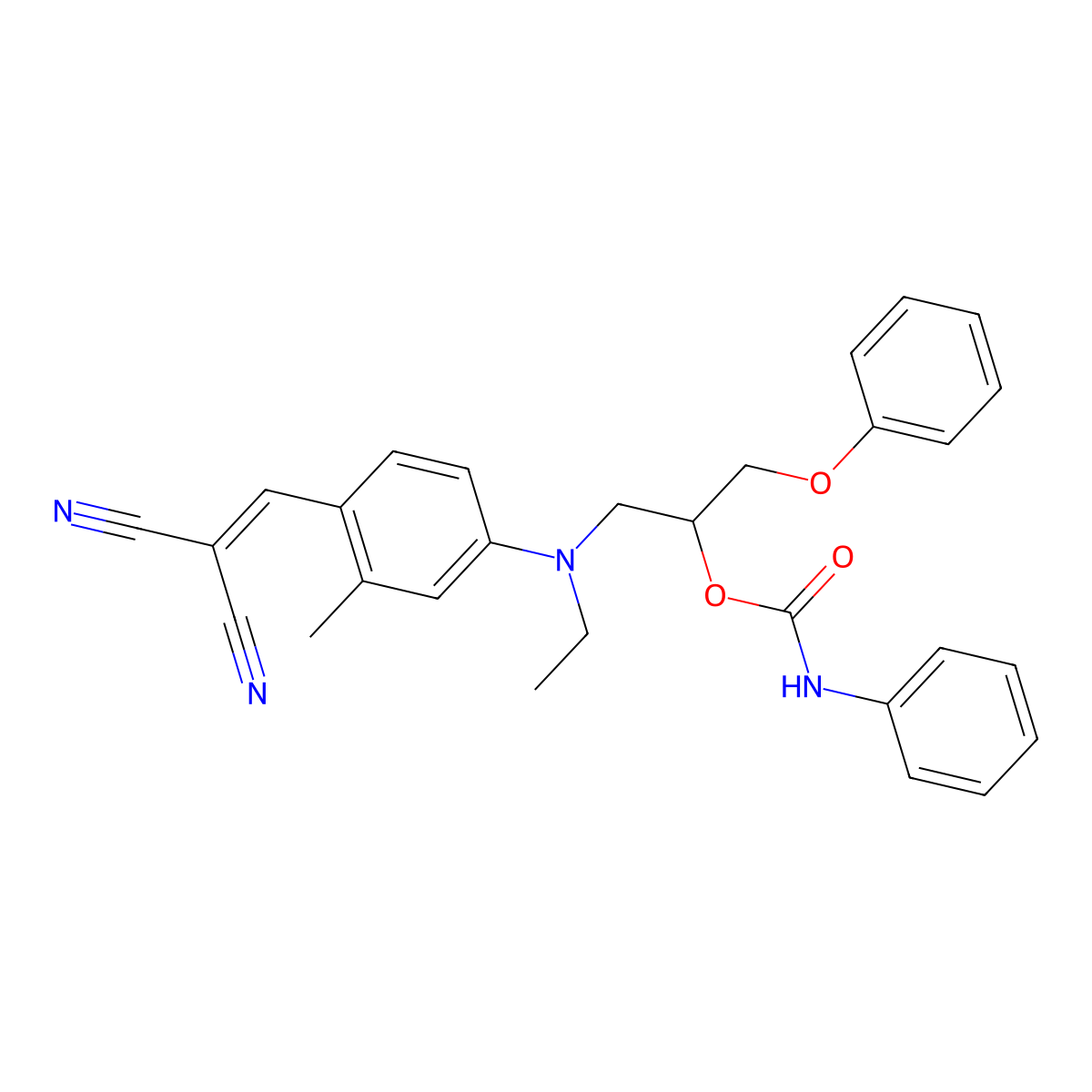 Propanedinitrile, 2-((4-(ethyl(3-phenoxy-2-(((phenylamino)carbonyl)oxy)propyl)amino)-2-methylphenyl)methylene)- molecular structure, CAS 32089-70-6