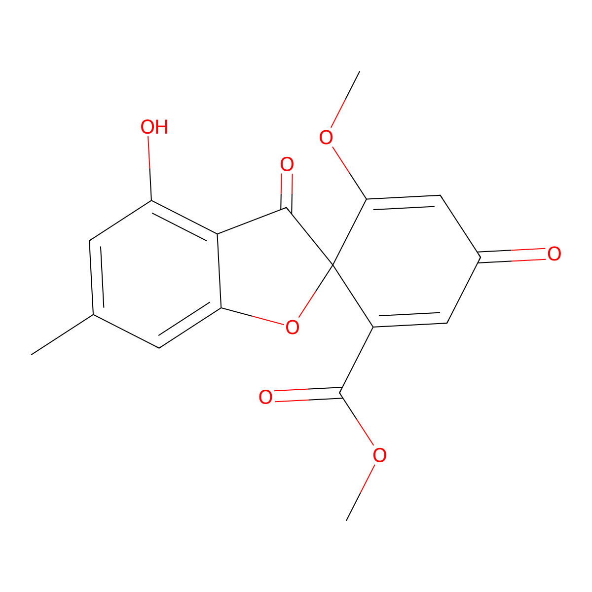 Methyl 4-hydroxy-6'-methoxy-6-methyl-3,4'-dioxospiro(benzofuran-2(3H),1'-(2,5)cyclohexadiene)-2'-carboxylate molecular structure, CAS 3209-31-2