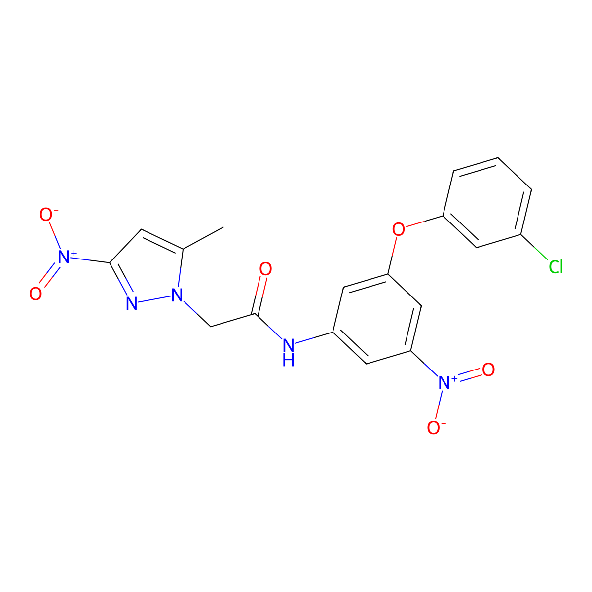 N-(3-(3-Chlorophenoxy)-5-nitrophenyl)-2-(5-methyl-3-nitro-1H-pyrazol-1-yl)acetamide molecular structure, CAS 321142-91-0