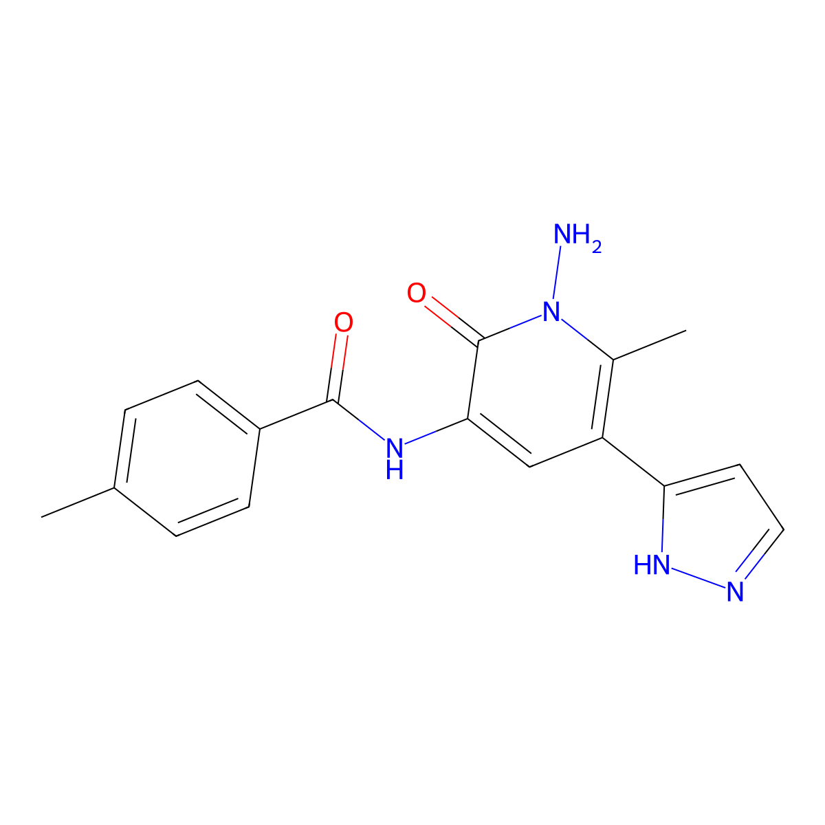 N-[1-amino-6-methyl-2-oxo-5-(1H-pyrazol-5-yl)-1,2-dihydro-3-pyridinyl]-4-methylbenzenecarboxamide molecular structure, CAS 321385-50-6