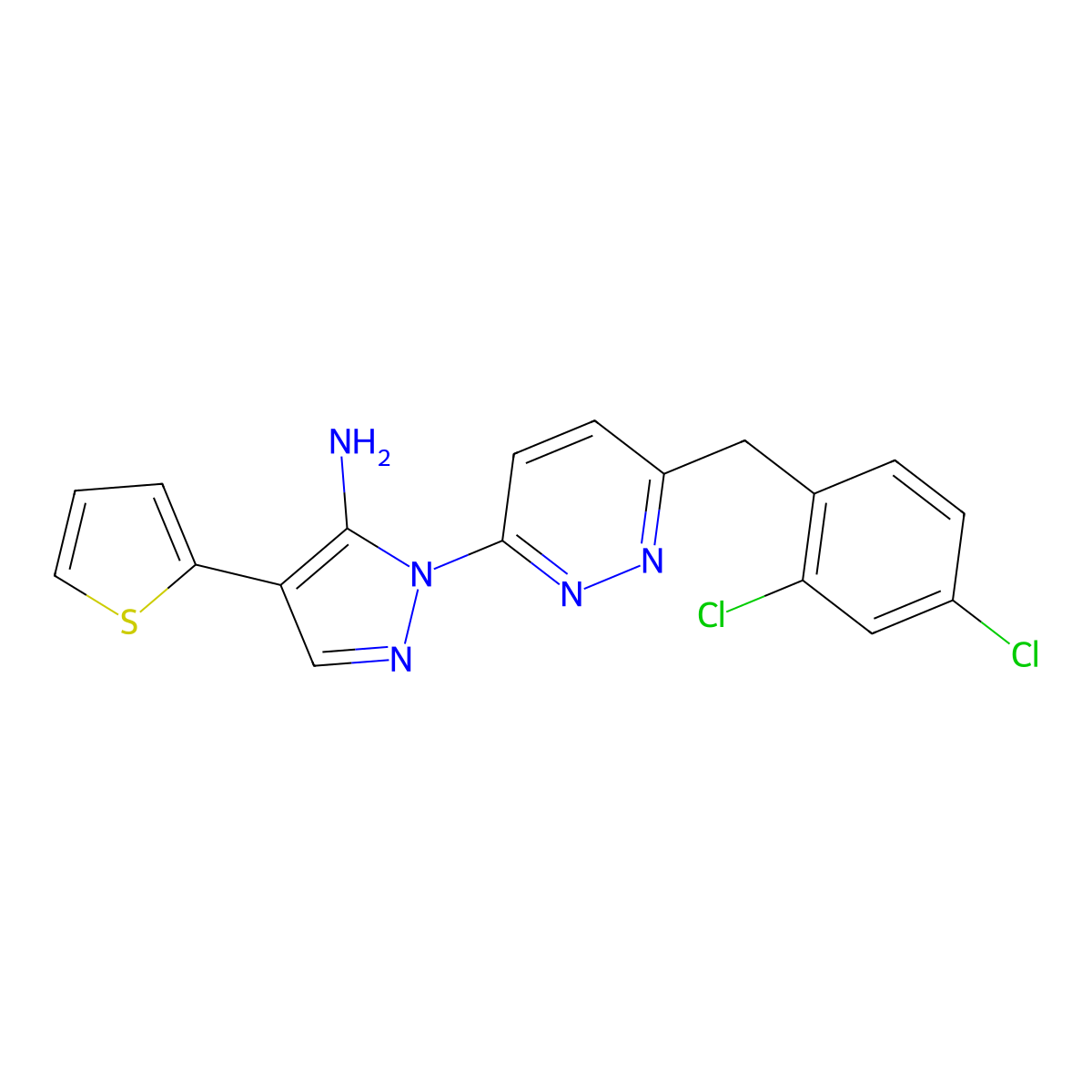 1-[6-(2,4-dichlorobenzyl)-3-pyridazinyl]-4-(2-thienyl)-1H-pyrazol-5-amine molecular structure, CAS 321385-78-8