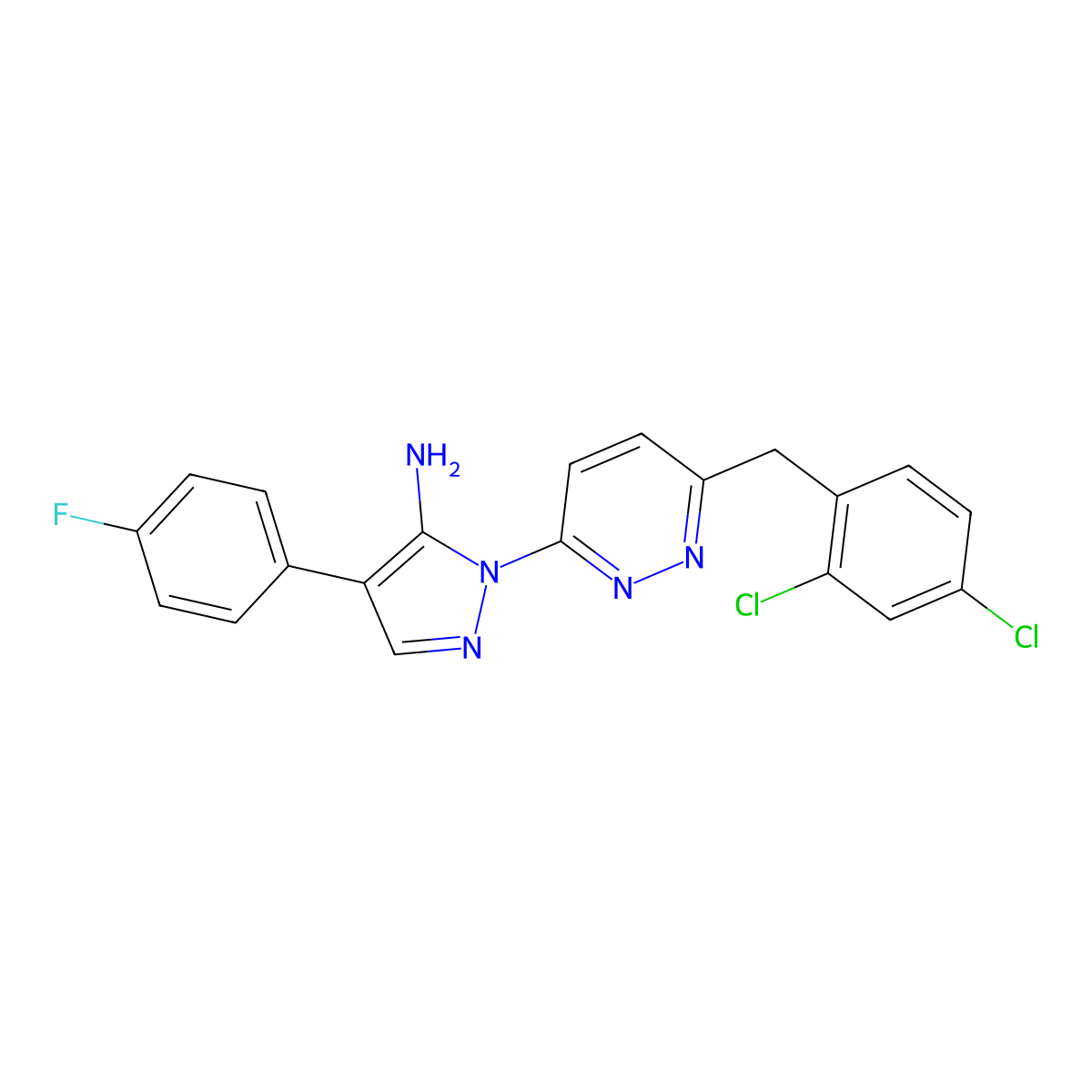 1-[6-(2,4-dichlorobenzyl)-3-pyridazinyl]-4-(4-fluorophenyl)-1H-pyrazol-5-amine molecular structure, CAS 321385-80-2