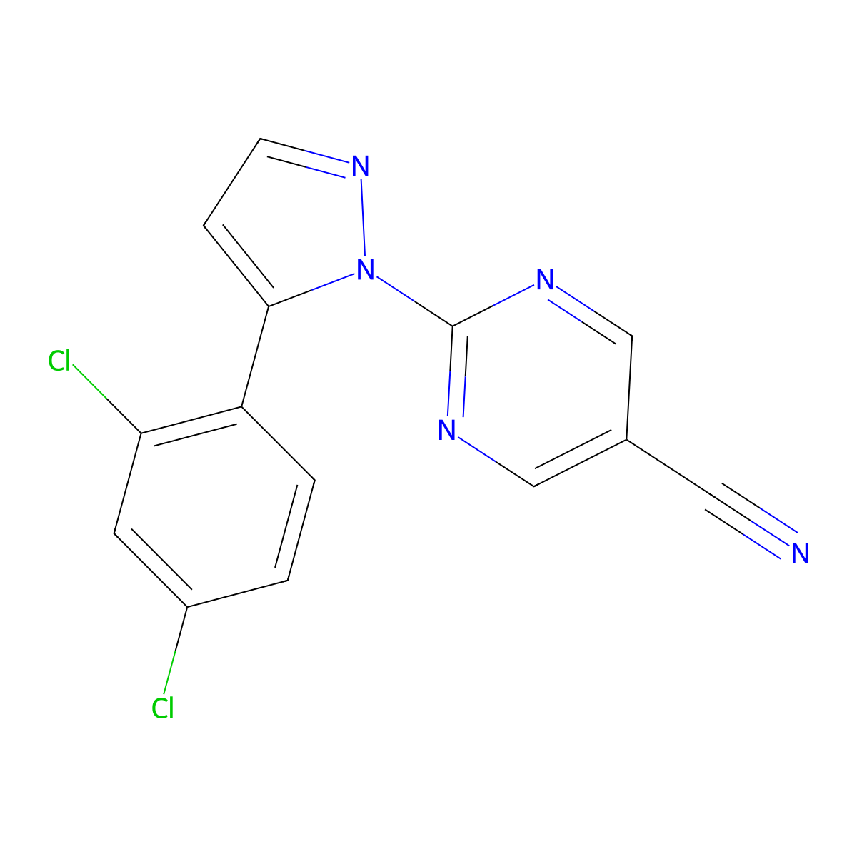 2-[5-(2,4-Dichlorophenyl)pyrazol-1-yl]pyrimidine-5-carbonitrile molecular structure, CAS 321385-87-9