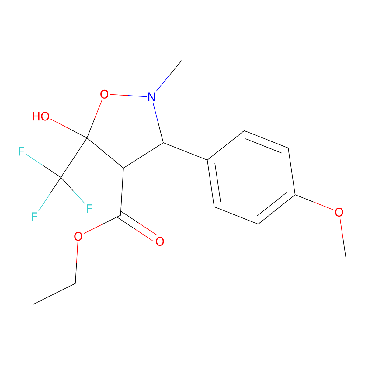 Ethyl 5-hydroxy-3-(4-methoxyphenyl)-2-methyl-5-(trifluoromethyl)-1,2-oxazolidine-4-carboxylate molecular structure, CAS 321391-89-3