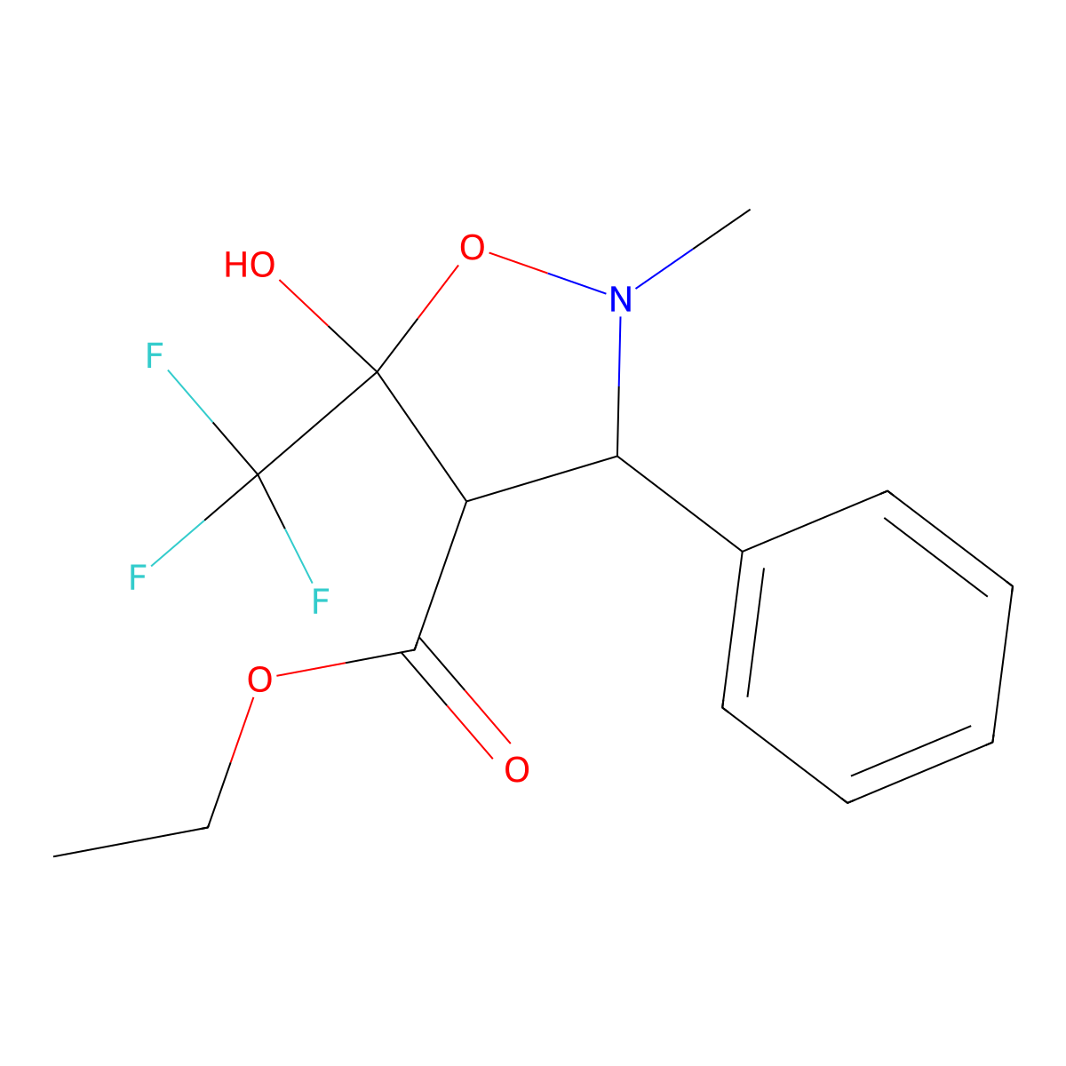 Ethyl 5-hydroxy-2-methyl-3-phenyl-5-(trifluoromethyl)tetrahydro-4-isoxazolecarboxylate molecular structure, CAS 321391-90-6