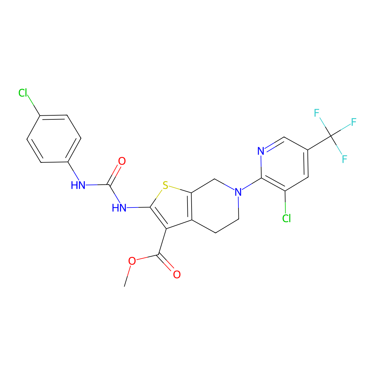 Methyl 2-{[(4-chloroanilino)carbonyl]amino}-6-[3-chloro-5-(trifluoromethyl)-2-pyridinyl]-4,5,6,7-tetrahydrothieno[2,3-c]pyridine-3-carboxylate molecular structure, CAS 321430-32-4