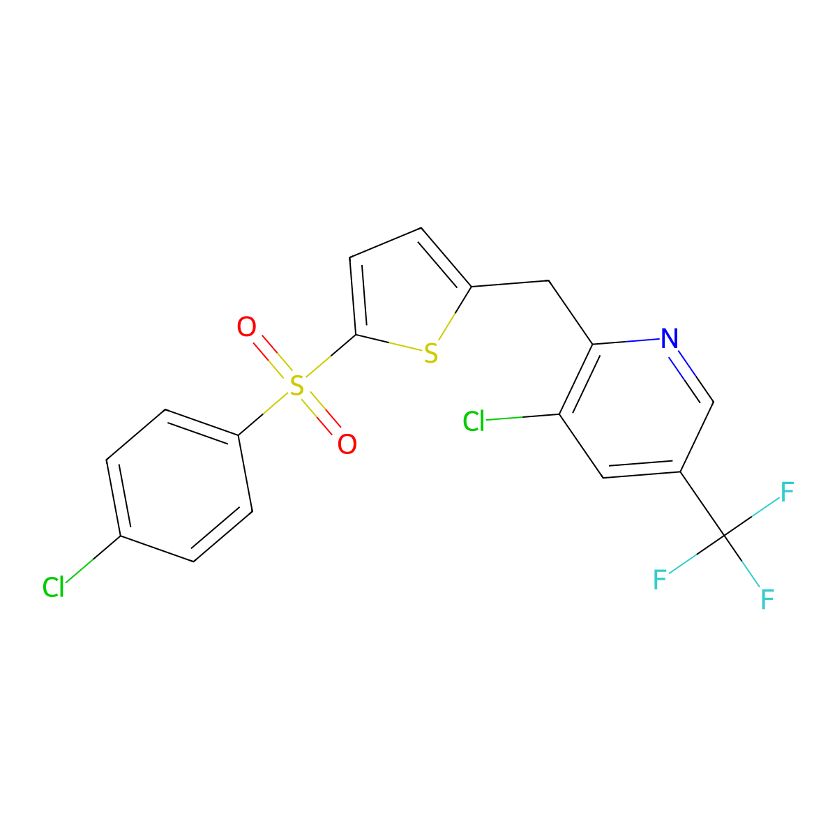 3-Chloro-2-[[5-(4-chlorophenyl)sulfonylthiophen-2-yl]methyl]-5-(trifluoromethyl)pyridine molecular structure, CAS 321430-96-0