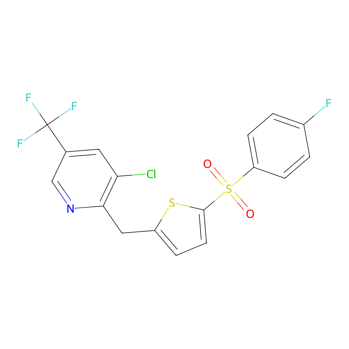 3-Chloro-2-[[5-(4-fluorophenyl)sulfonylthiophen-2-yl]methyl]-5-(trifluoromethyl)pyridine molecular structure, CAS 321430-97-1