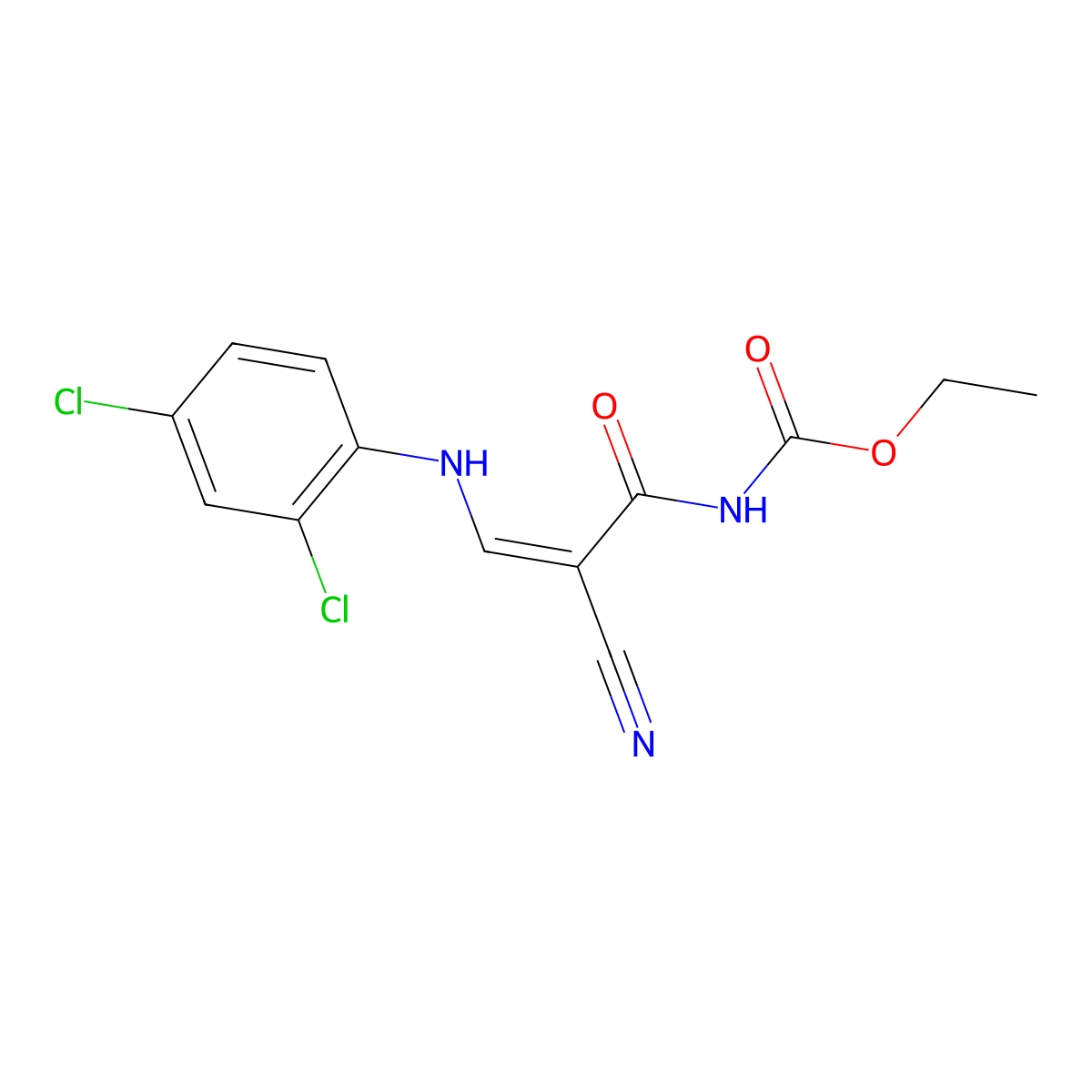 N-[2-cyano-3-(2,4-dichloroanilino)-1-oxoprop-2-enyl]carbamic acid ethyl ester molecular structure, CAS 321432-13-7