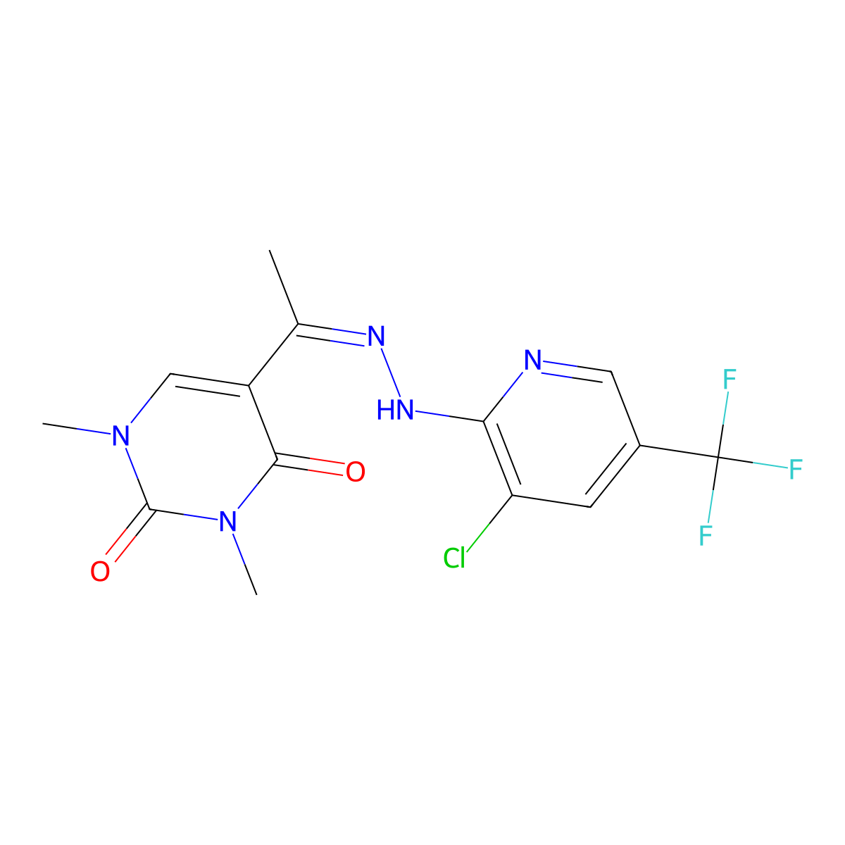 5-[(1E)-1-{2-[3-chloro-5-(trifluoromethyl)pyridin-2-yl]hydrazin-1-ylidene}ethyl]-1,3-dimethyl-1,2,3,4-tetrahydropyrimidine-2,4-dione molecular structure, CAS 321432-20-6