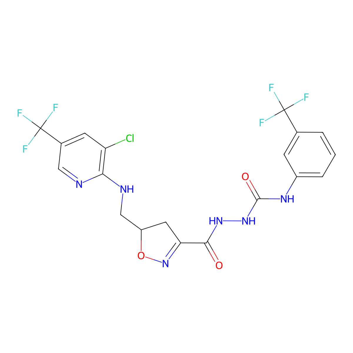 2-{[5-({[3-chloro-5-(trifluoromethyl)-2-pyridinyl]amino}methyl)-4,5-dihydro-3-isoxazolyl]carbonyl}-N-[3-(trifluoromethyl)phenyl]-1-hydrazinecarboxamide molecular structure, CAS 321432-28-4