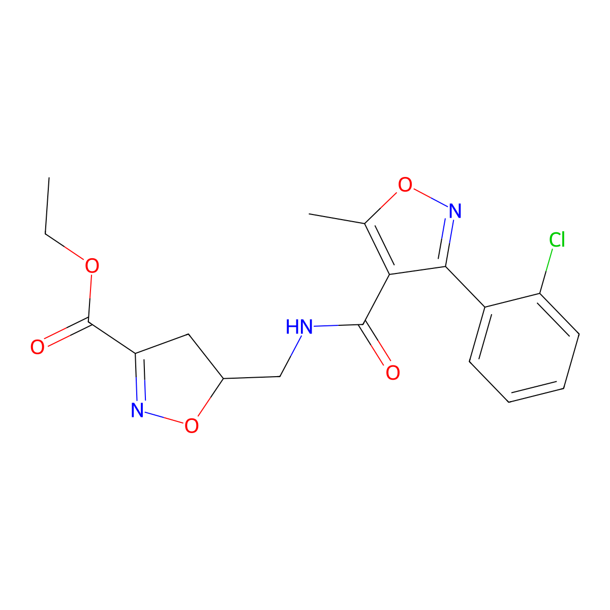 Ethyl 5-[({[3-(2-chlorophenyl)-5-methyl-4-isoxazolyl]carbonyl}amino)methyl]-4,5-dihydro-3-isoxazolecarboxylate molecular structure, CAS 321432-32-0