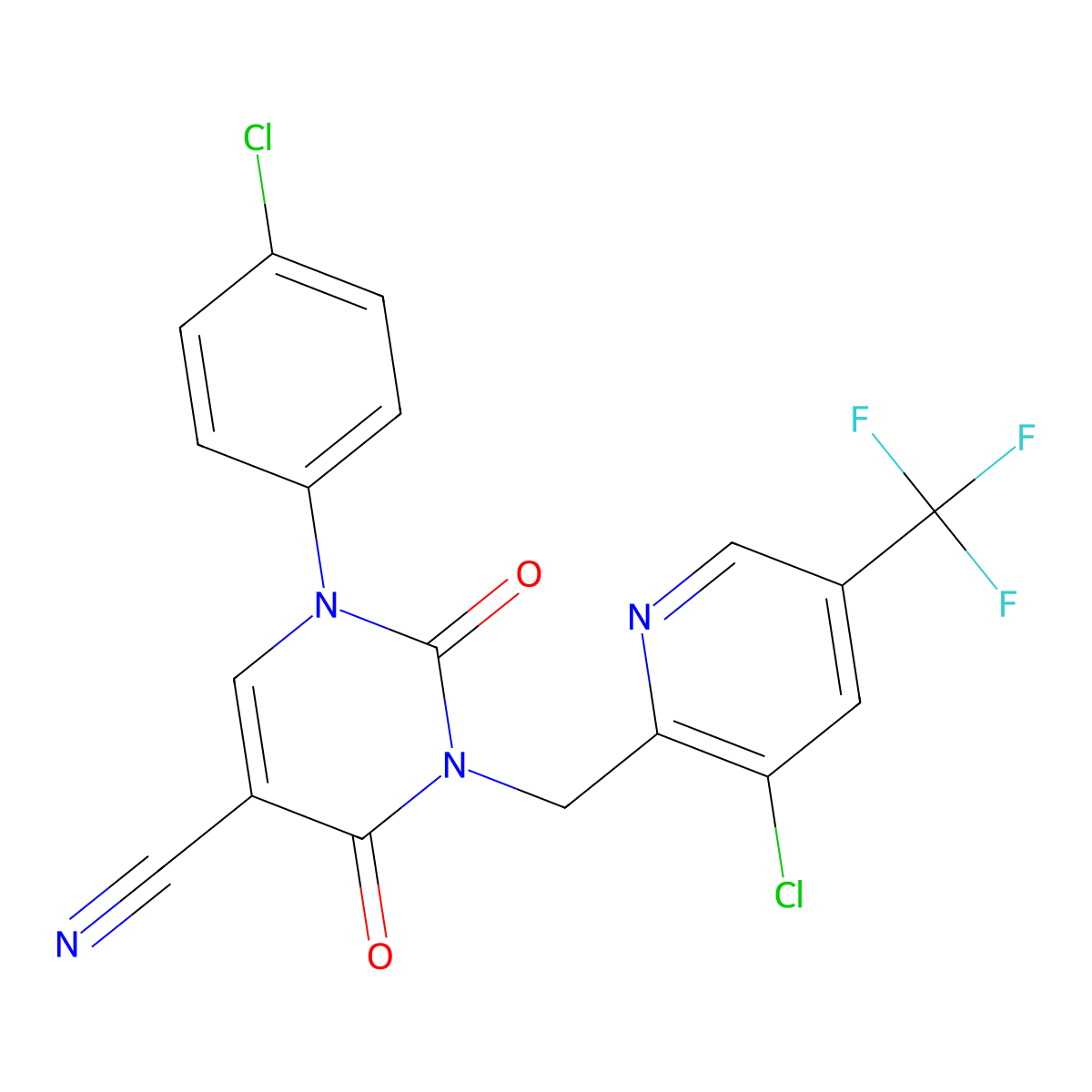 1-(4-Chlorophenyl)-3-{[3-chloro-5-(trifluoromethyl)-2-pyridinyl]methyl}-2,4-dioxo-1,2,3,4-tetrahydro-5-pyrimidinecarbonitrile molecular structure, CAS 321432-41-1