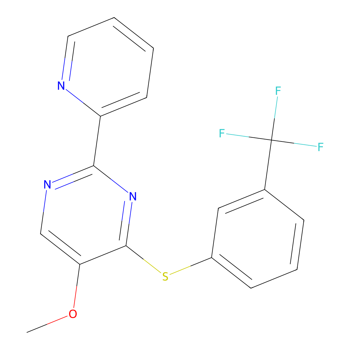 Methyl 2-(2-pyridinyl)-4-{[3-(trifluoromethyl)phenyl]sulfanyl}-5-pyrimidinyl ether molecular structure, CAS 321432-99-9