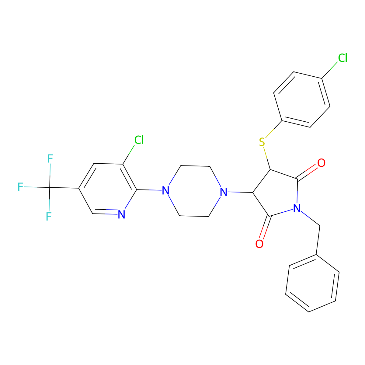 1-Benzyl-3-(4-chlorophenyl)sulfanyl-4-[4-[3-chloro-5-(trifluoromethyl)pyridin-2-yl]piperazin-1-yl]pyrrolidine-2,5-dione molecular structure, CAS 321433-54-9