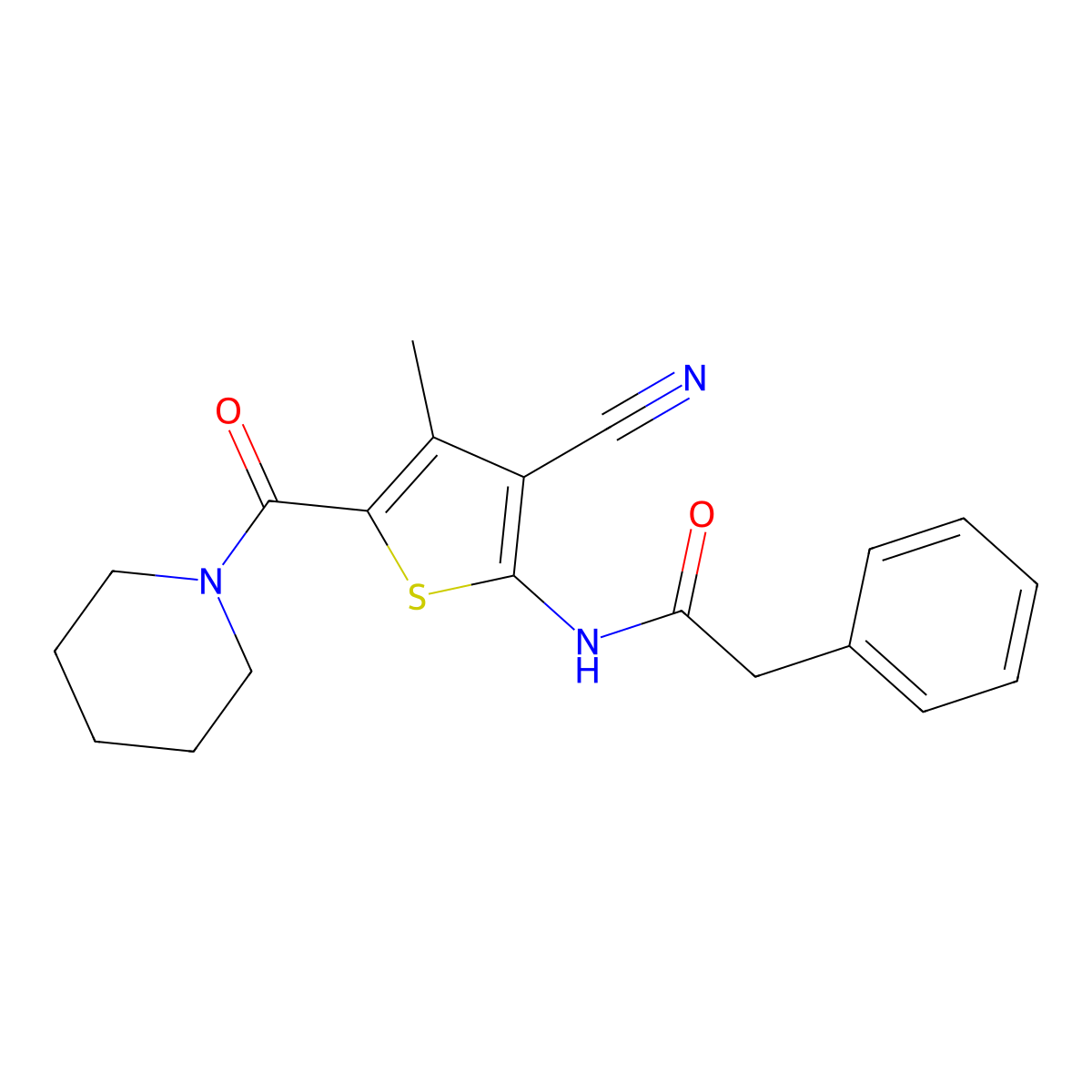 N-[3-cyano-4-methyl-5-(piperidine-1-carbonyl)thiophen-2-yl]-2-phenylacetamide molecular structure, CAS 321529-76-4