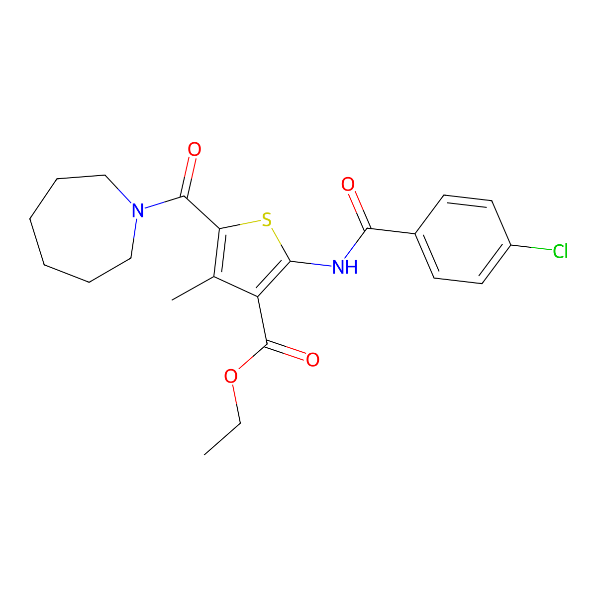 Ethyl 5-(1-azepanylcarbonyl)-2-[(4-chlorobenzoyl)amino]-4-methyl-3-thiophenecarboxylate molecular structure, CAS 321532-29-0