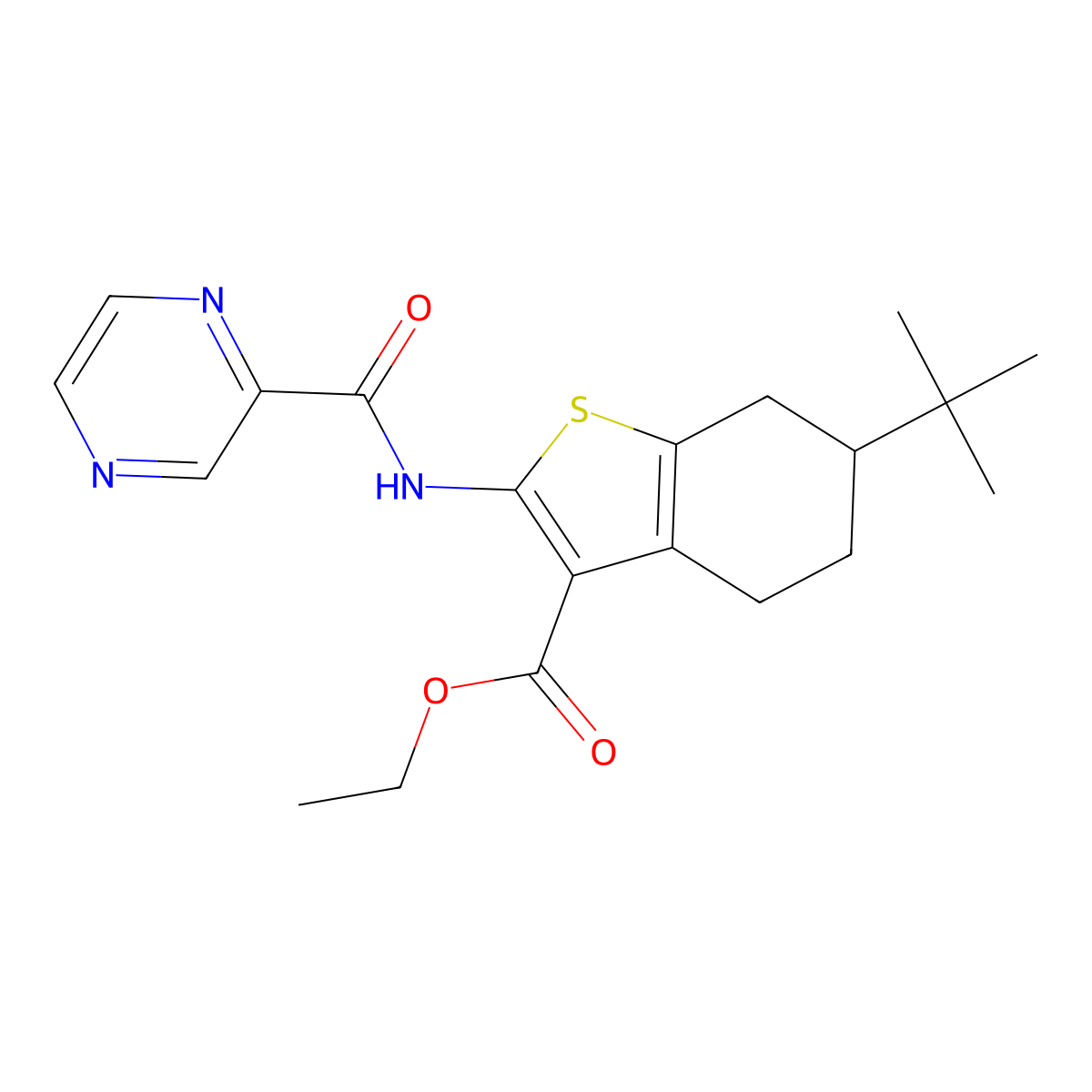 Ethyl 6-tert-butyl-2-[(pyrazin-2-ylcarbonyl)amino]-4,5,6,7-tetrahydro-1-benzothiophene-3-carboxylate molecular structure, CAS 321533-36-2