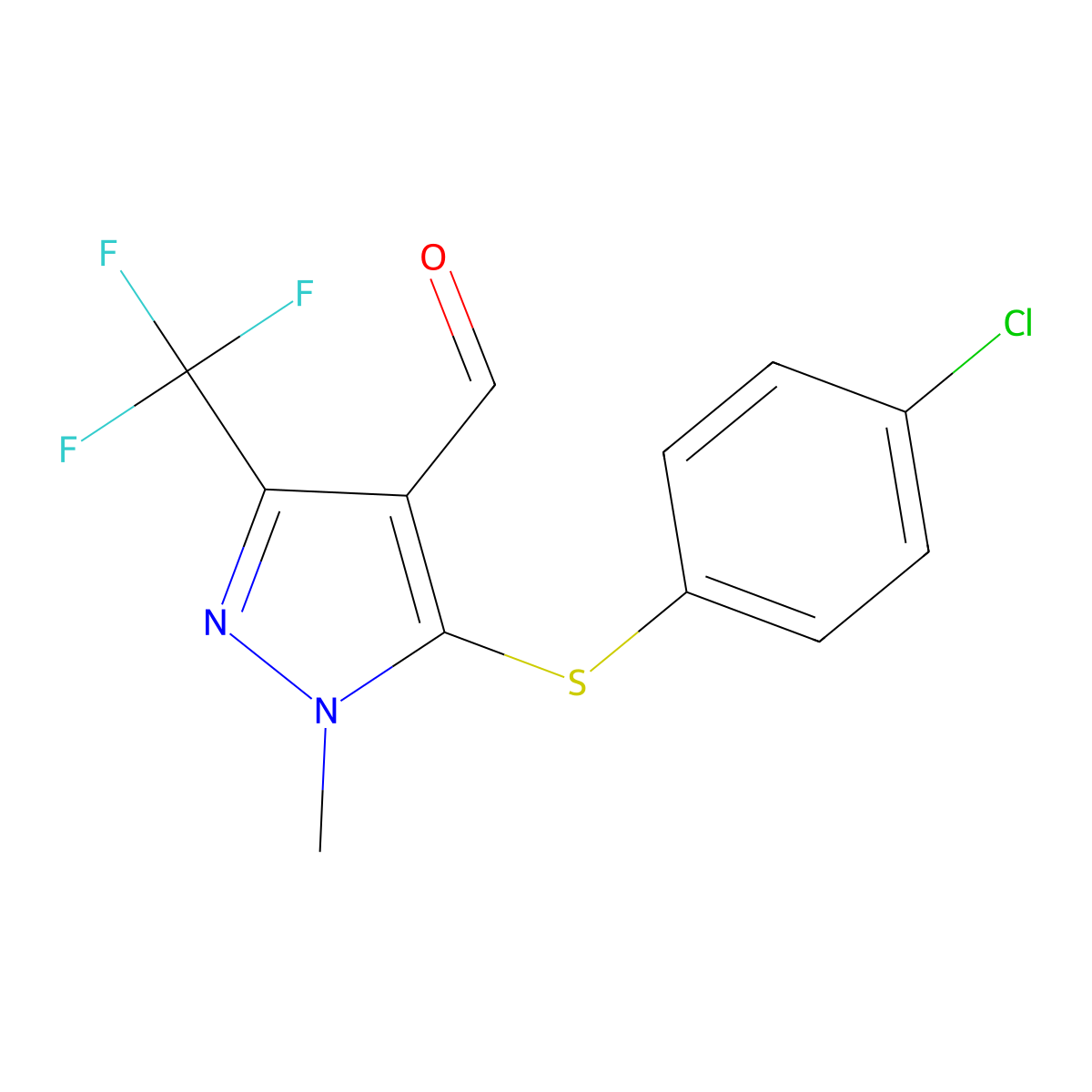 5-[(4-Chlorophenyl)sulfanyl]-1-methyl-3-(trifluoromethyl)-1H-pyrazole-4-carbaldehyde molecular structure, CAS 321533-70-4