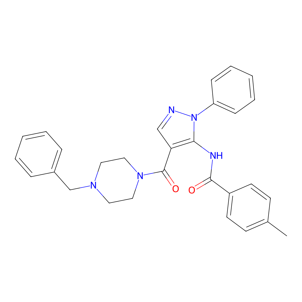 N-[4-(4-benzylpiperazine-1-carbonyl)-2-phenylpyrazol-3-yl]-4-methylbenzamide molecular structure, CAS 321534-41-2