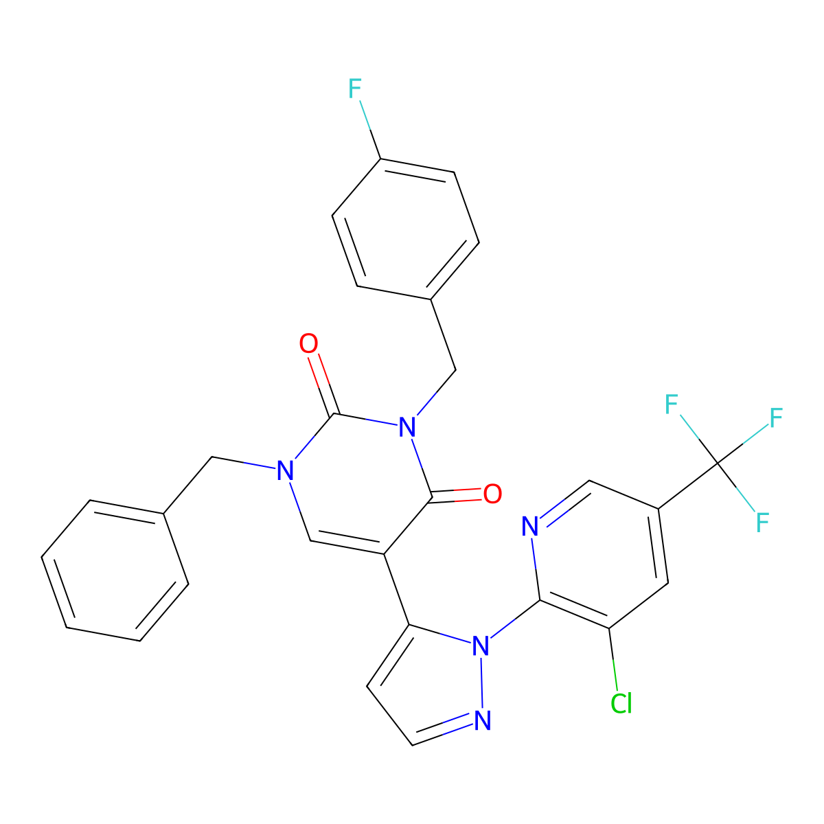 1-Benzyl-5-[2-[3-chloro-5-(trifluoromethyl)pyridin-2-yl]pyrazol-3-yl]-3-[(4-fluorophenyl)methyl]pyrimidine-2,4-dione molecular structure, CAS 321534-65-0