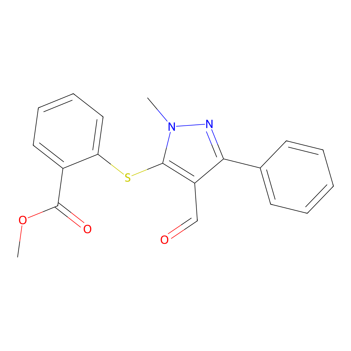 methyl 2-[(4-formyl-1-methyl-3-phenyl-1H-pyrazol-5-yl)sulfanyl]benzenecarboxylate molecular structure, CAS 321538-23-2