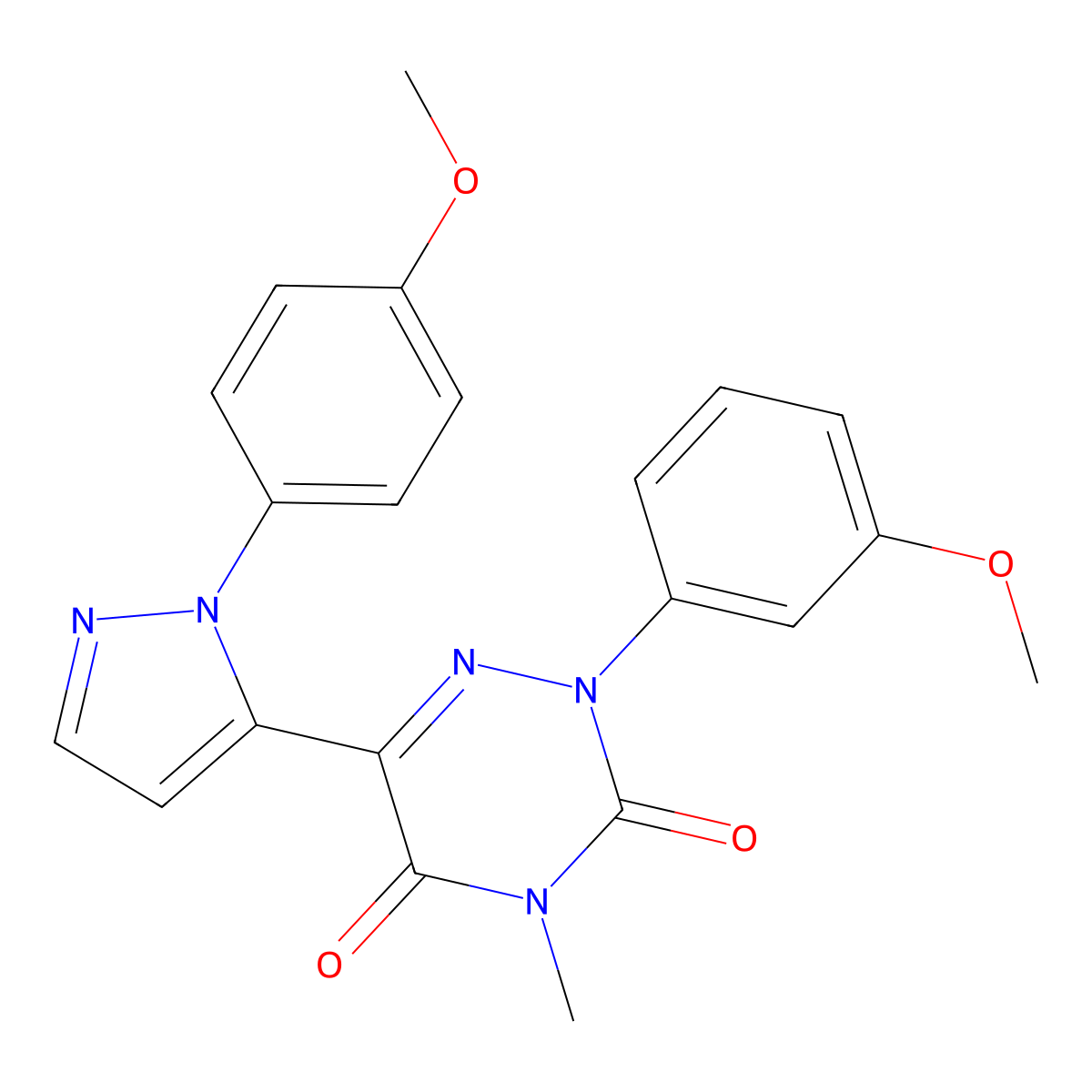 2-(3-Methoxyphenyl)-6-[2-(4-methoxyphenyl)pyrazol-3-yl]-4-methyl-1,2,4-triazine-3,5-dione molecular structure, CAS 321538-31-2