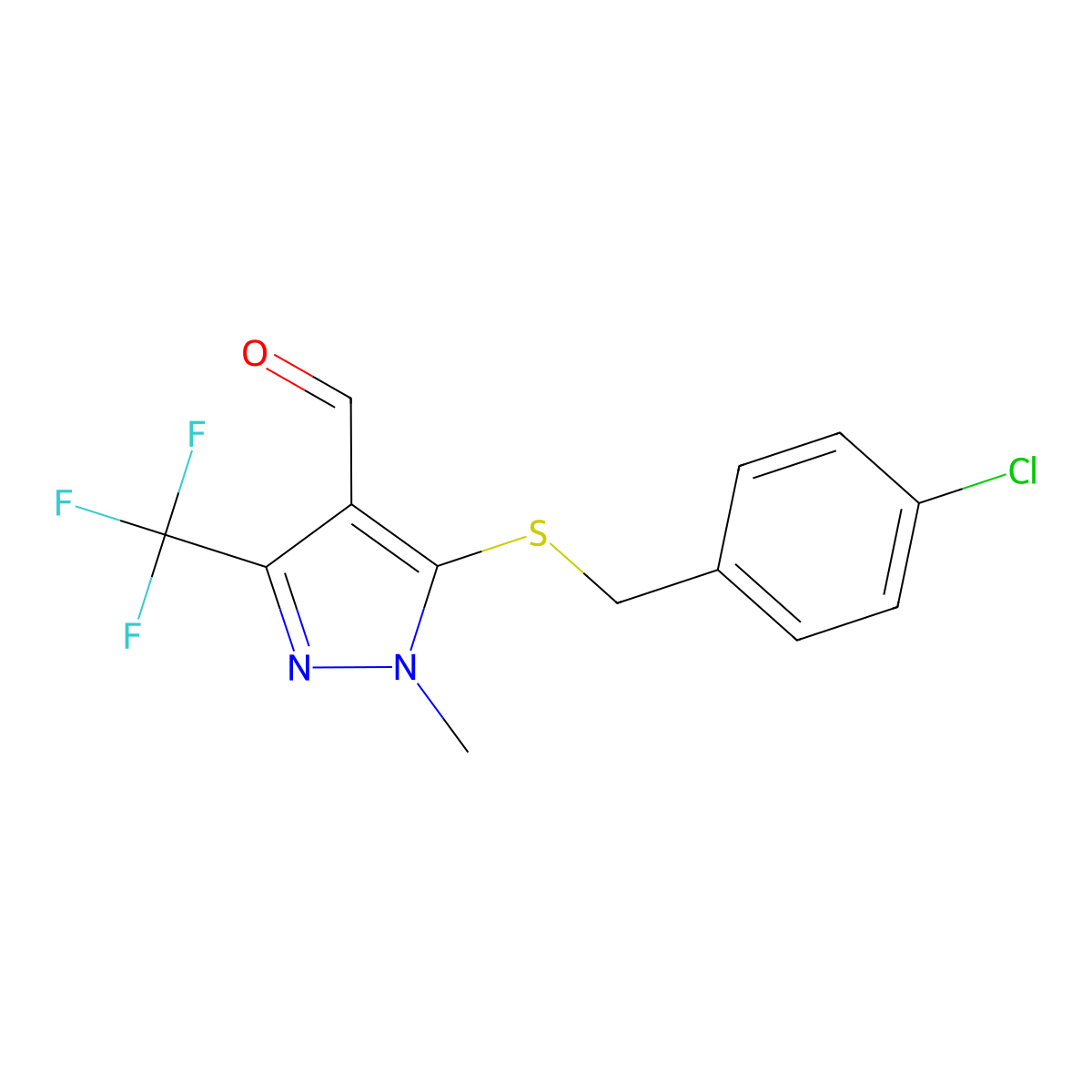 5-[(4-chlorobenzyl)sulfanyl]-1-methyl-3-(trifluoromethyl)-1H-pyrazole-4-carbaldehyde molecular structure, CAS 321553-32-6