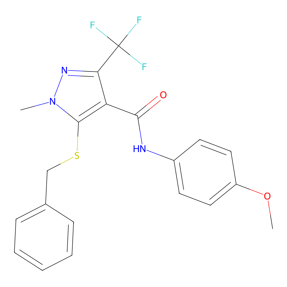5-(benzylsulfanyl)-N-(4-methoxyphenyl)-1-methyl-3-(trifluoromethyl)-1H-pyrazole-4-carboxamide molecular structure, CAS 321553-38-2