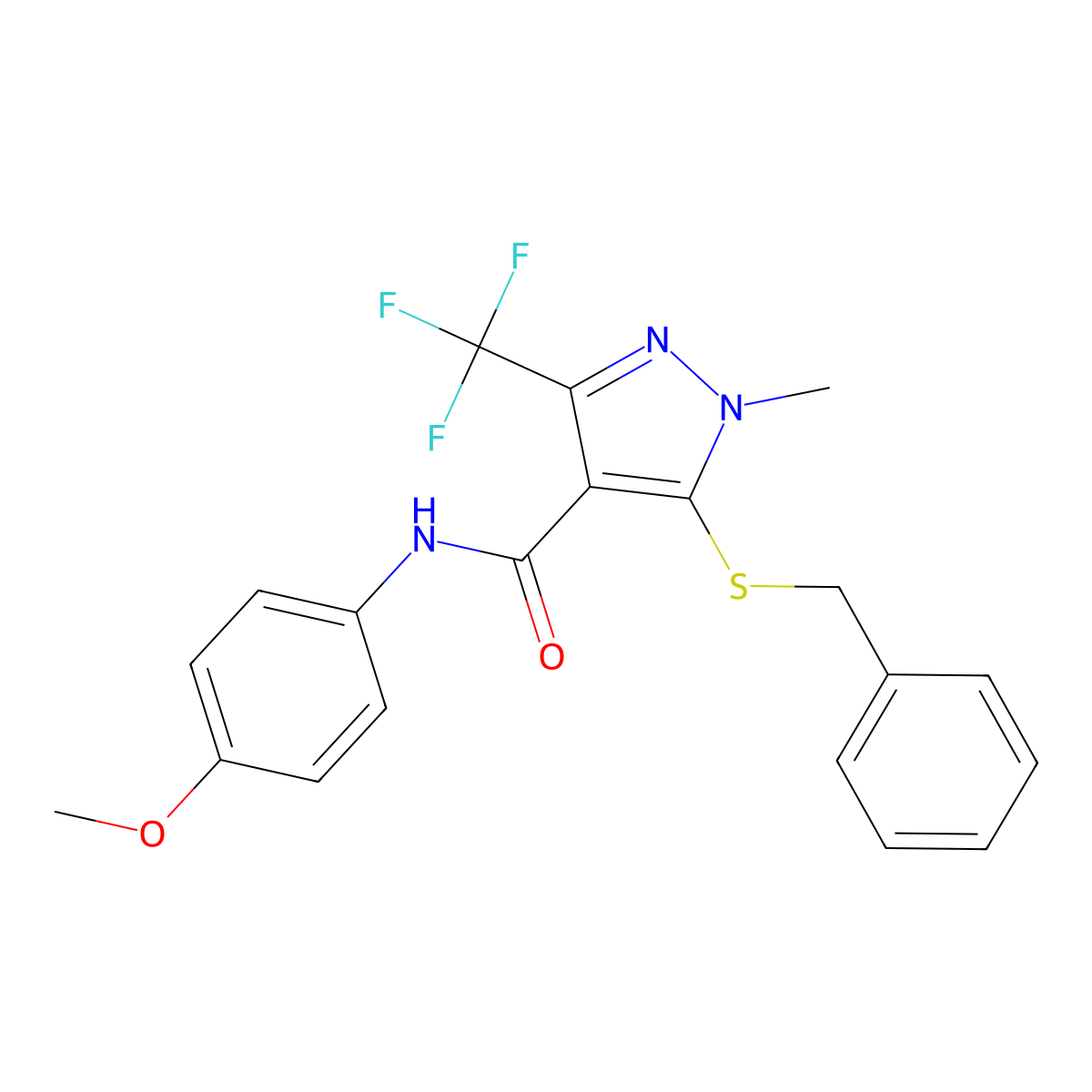 5-(benzylsulfanyl)-N-(4-methoxyphenyl)-1-methyl-3-(trifluoromethyl)-1H-pyrazole-4-carboxamide molecular structure, CAS 321553-38-2