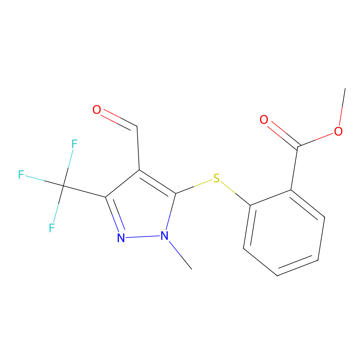 Methyl 2-{[4-formyl-1-methyl-3-(trifluoromethyl)-1H-pyrazol-5-yl]sulfanyl}benzenecarboxylate molecular structure, CAS 321553-50-8