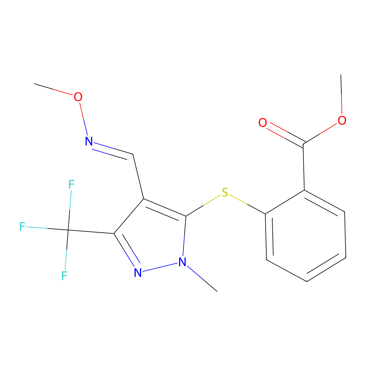 methyl 2-{[4-[(methoxyimino)methyl]-1-methyl-3-(trifluoromethyl)-1H-pyrazol-5-yl]sulfanyl}benzenecarboxylate molecular structure, CAS 321553-57-5