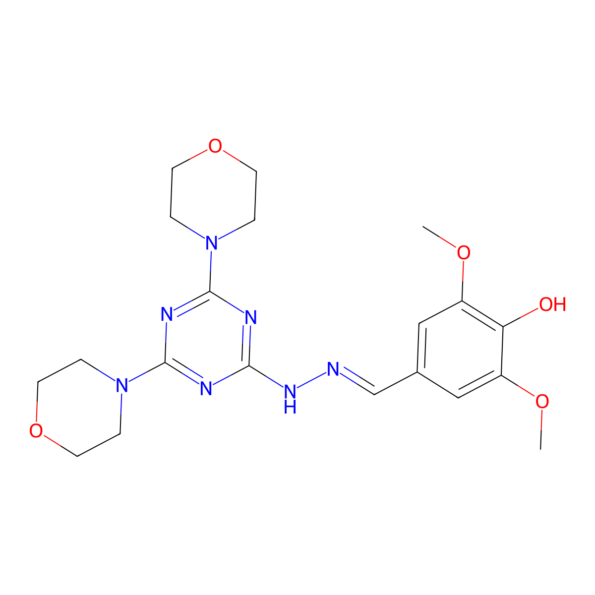 4-[(E)-{[4,6-Di(4-morpholinyl)-1,3,5-triazin-2-yl]hydrazono}methy l]-2,6-dimethoxyphenol molecular structure, CAS 321557-16-8
