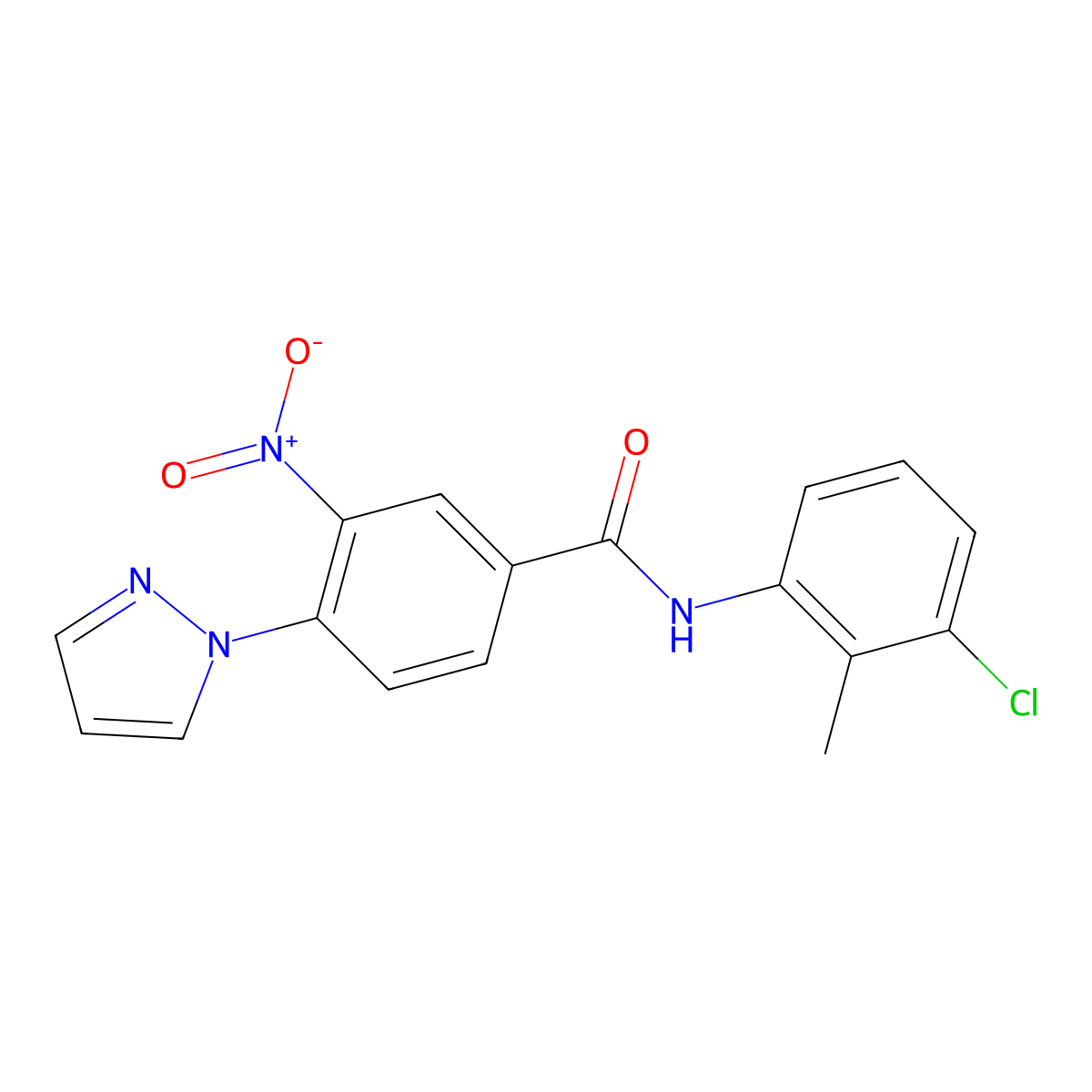N-(3-chloro-2-methylphenyl)-3-nitro-4-(1H-pyrazol-1-yl)benzenecarboxamide molecular structure, CAS 321570-78-9