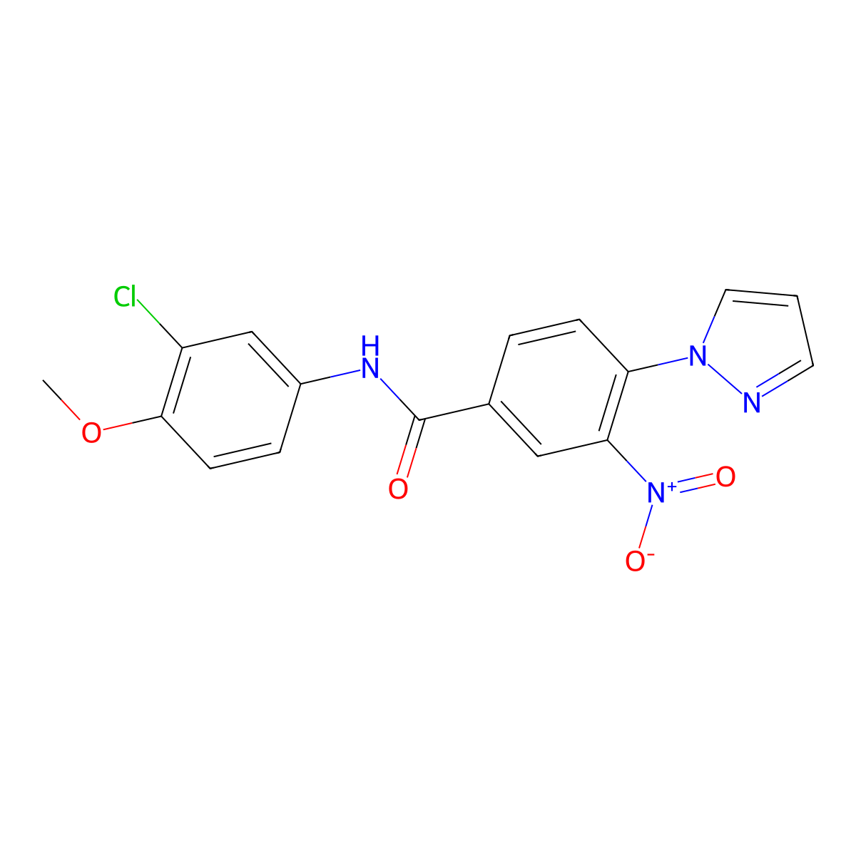 N-(3-chloro-4-methoxyphenyl)-3-nitro-4-(1H-pyrazol-1-yl)benzenecarboxamide molecular structure, CAS 321570-91-6