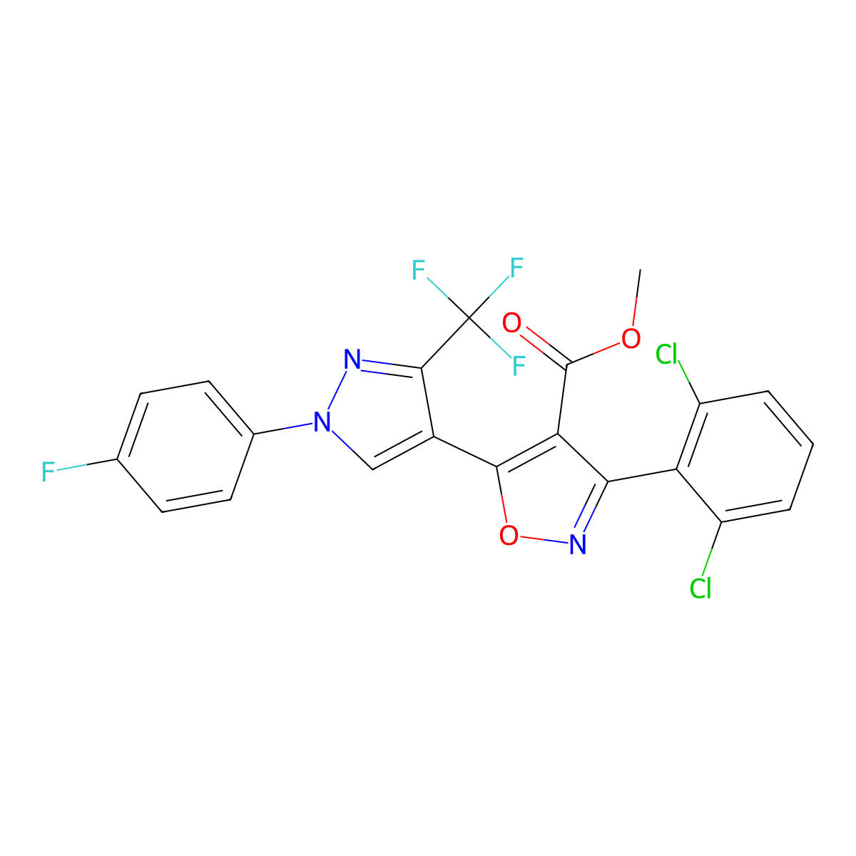 methyl 3-(2,6-dichlorophenyl)-5-[1-(4-fluorophenyl)-3-(trifluoromethyl)-1H-pyrazol-4-yl]-1,2-oxazole-4-carboxylate molecular structure, CAS 321571-24-8