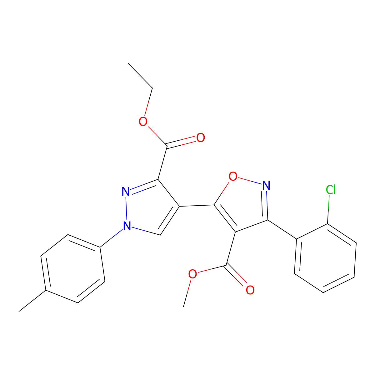 methyl 3-(2-chlorophenyl)-5-[3-(ethoxycarbonyl)-1-(4-methylphenyl)-1H-pyrazol-4-yl]-1,2-oxazole-4-carboxylate molecular structure, CAS 321571-26-0