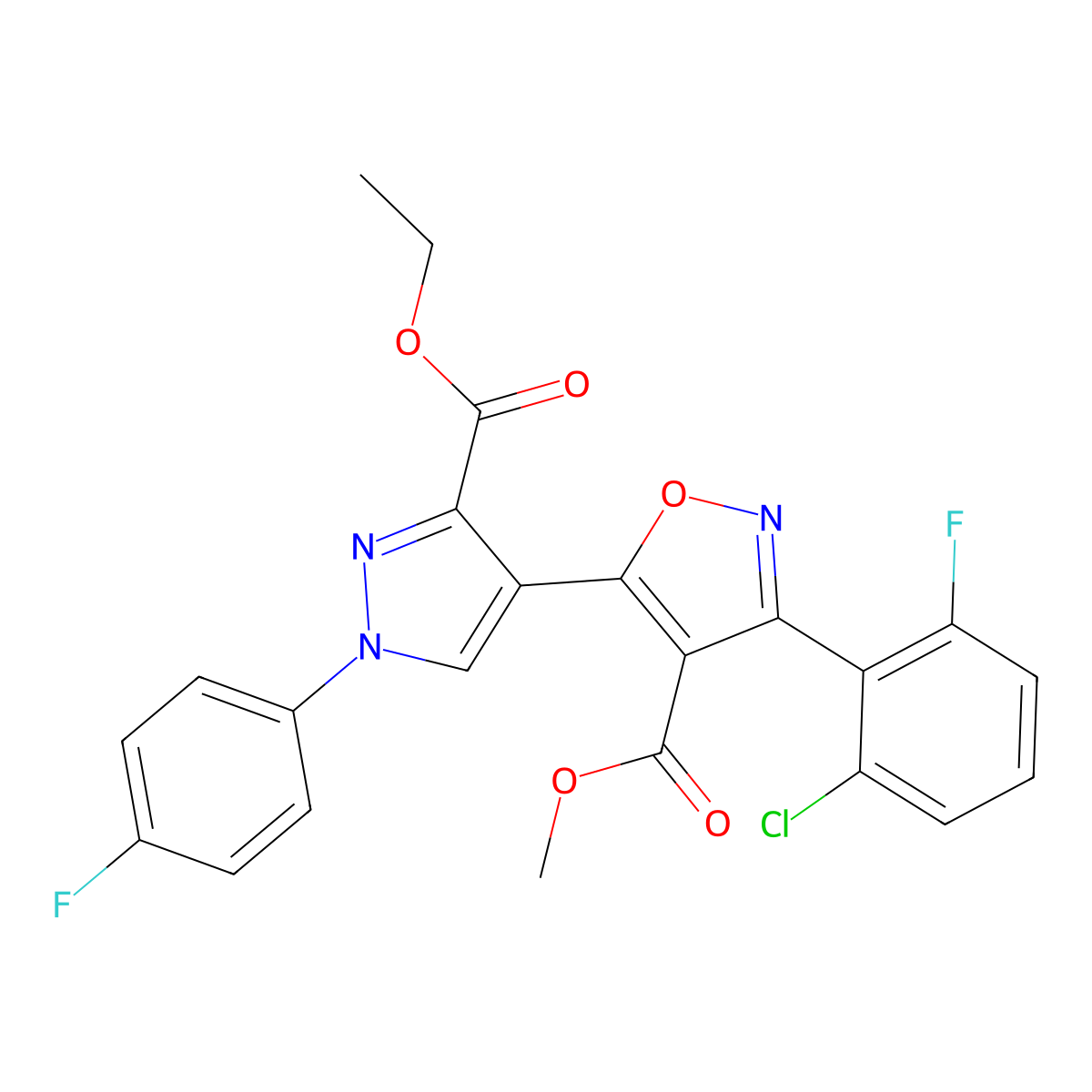 methyl 3-(2-chloro-6-fluorophenyl)-5-[3-(ethoxycarbonyl)-1-(4-fluorophenyl)-1H-pyrazol-4-yl]-1,2-oxazole-4-carboxylate molecular structure, CAS 321571-29-3