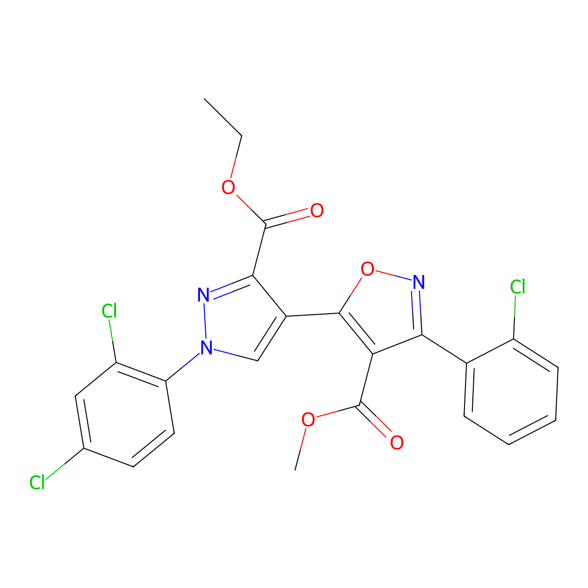 methyl 3-(2-chlorophenyl)-5-[1-(2,4-dichlorophenyl)-3-(ethoxycarbonyl)-1H-pyrazol-4-yl]-1,2-oxazole-4-carboxylate molecular structure, CAS 321571-31-7