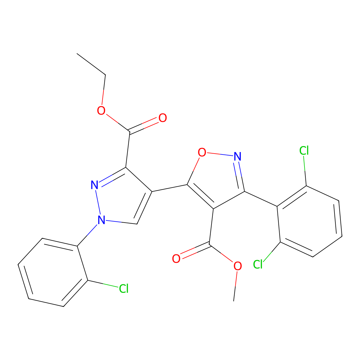 methyl 5-[1-(2-chlorophenyl)-3-(ethoxycarbonyl)-1H-pyrazol-4-yl]-3-(2,6-dichlorophenyl)-1,2-oxazole-4-carboxylate molecular structure, CAS 321571-33-9